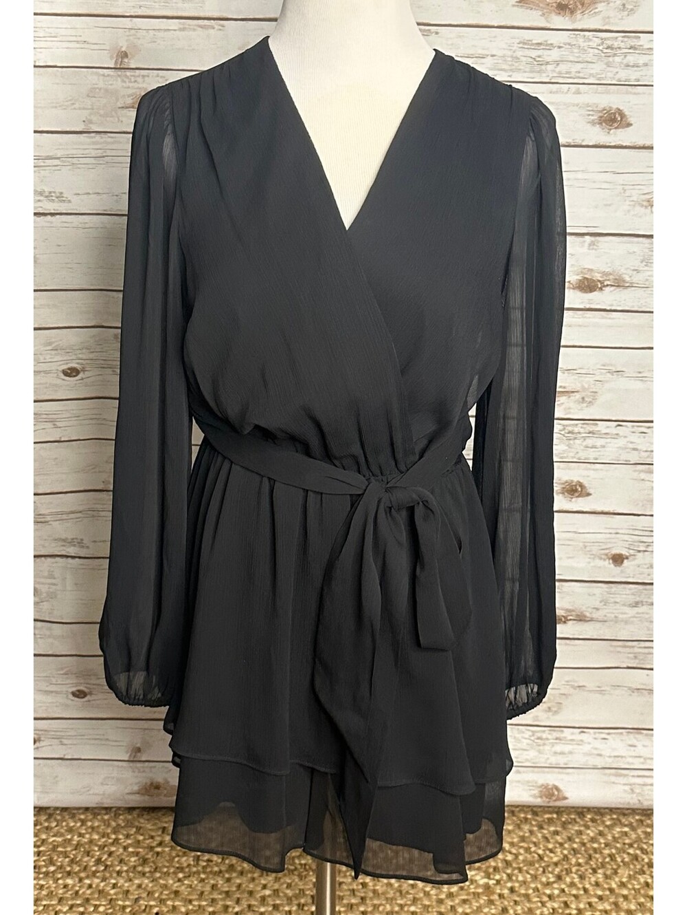 Express Conscious Edit black chiffon sheer long sleeve wrap-style romper Medium